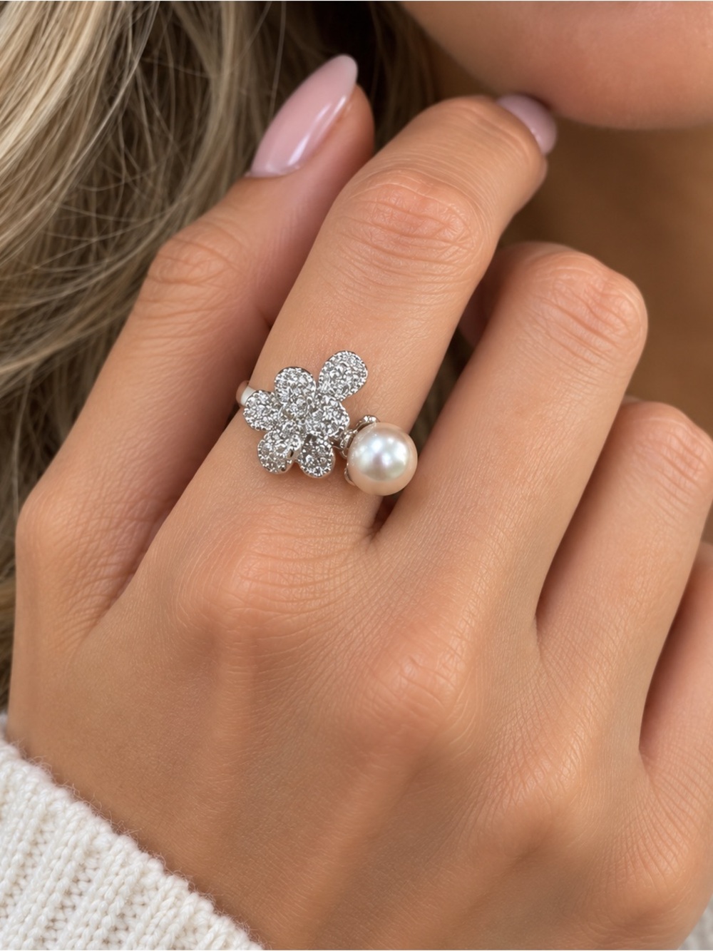 Freshwater Pinkish Pearl 18k Gold Plated Floral adjustable Cluster Ring